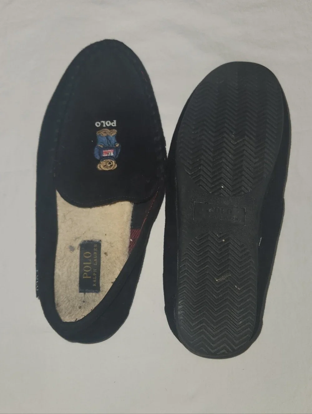 Polo Ralph Lauren Declan Bear Slippers Size 10 Suede Moccasin Plaid Lined